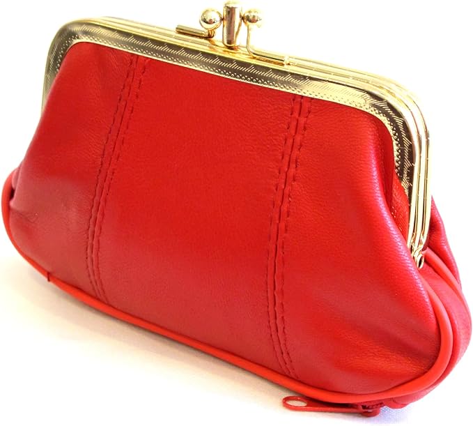 Womens Leather Mini Wallet ID Credit Cards Cash Coin Holder Case Organizer Purse with Framed & Zipper Closures - RED, (COIN03-RED)