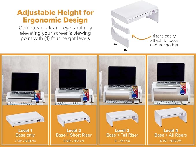 Bostitch Konnect Adjustable Monitor Riser with Drawer & Cell Phone Holder, Laptop Stand for Desk, 4 Height Levels, Cable Management & Rubber Feet