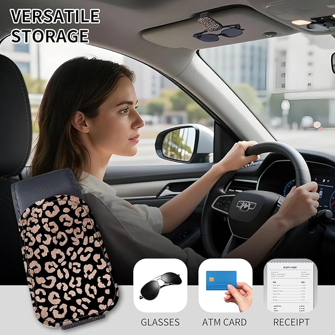 Sunglasses Holder for Car Visor, PU Leather Glasses Clip Organizer, Cute Magnetic Eyeglass Holder for Vehicle Sun Visor, Car Interior Accessory for Women & Men Brown Leopard Spots