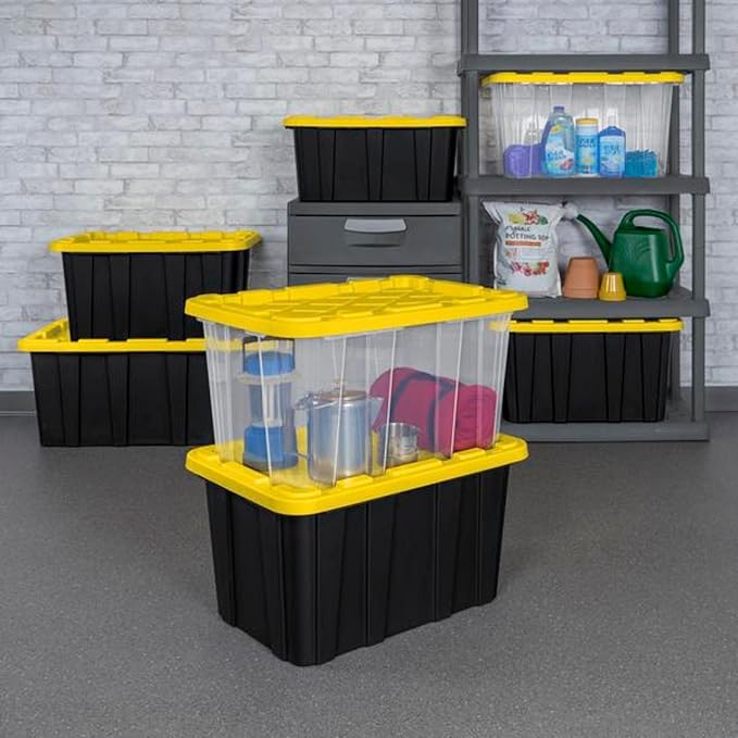 Sterilite 12 Pack Industrial Tote, Plastic Storage Container Bins with Lids, 27 Gallon - Heavy-Duty Organizing Containers for Closet, Bathroom, and Office