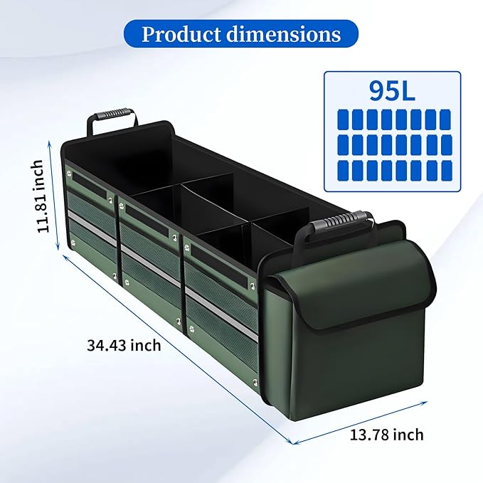 Collapsible Trunk Organizer for Car with Insulated Leakproof Cooler Bag, 3 Compartments SUV Cargo Organizer w/Removable Dividers, 5-in-1 Storage w/Foldable Lid & 2 Tie-Down Straps (Green)