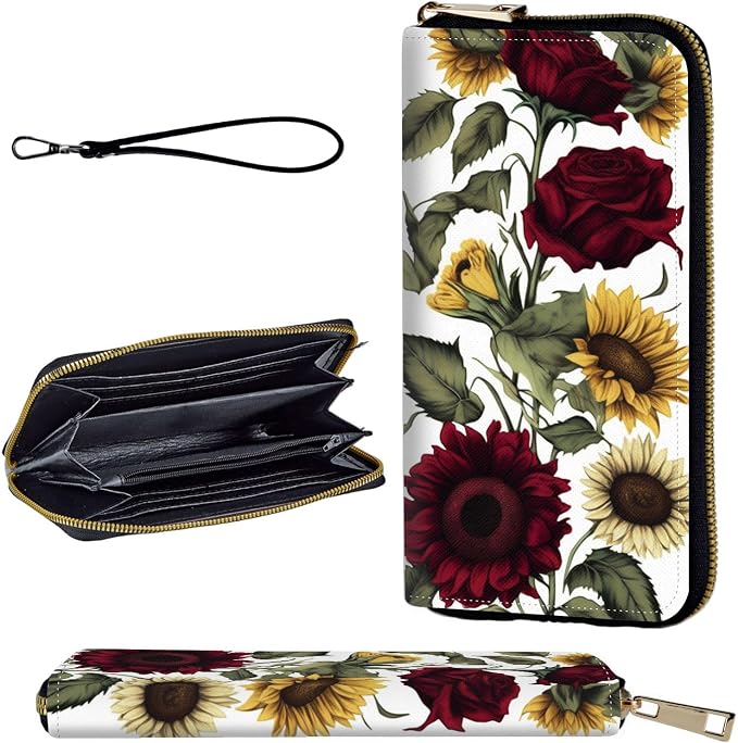 Wallet,Leather Long Wallet Suitable For Ladies And Teenagers - Detachable Wristband + RFID Travel Wallet With Card Slot - Roses Sunflower