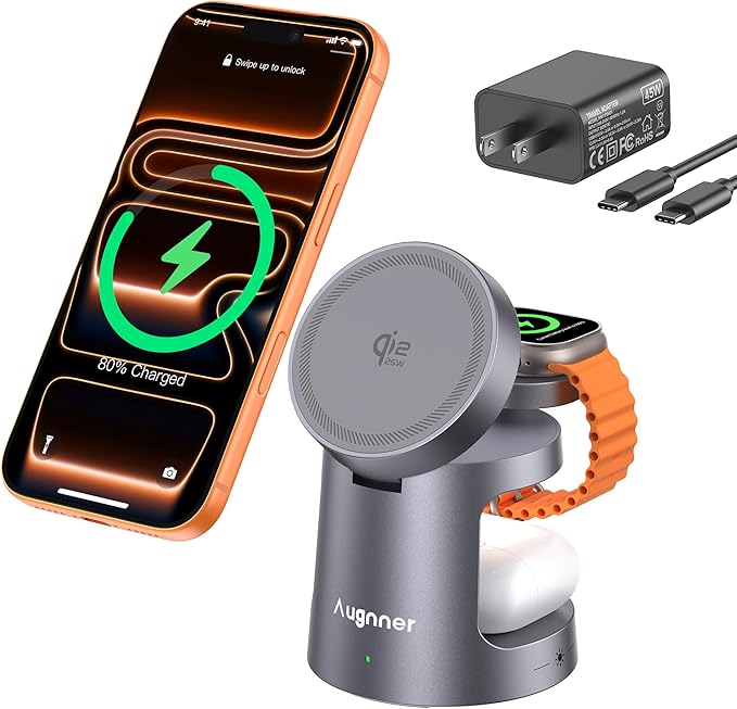 3 in 1 Charging Station Compatible with MagSafe Charger, Qi2.2 25W Magnetic Wireless Charger with Night Light, Foldable Charging Stand for iPhone 17/16/15/14/13/12, Apple Watch, AirPods (45W Adapter)