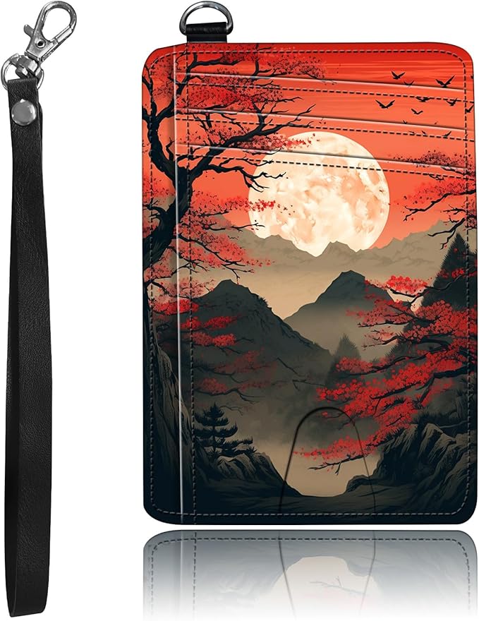Slim Minimalist Front Pocket Wallet,Credit Card Holder Wallet for Women Men,RFID Blocking Credit Card Holder Case Leather Cute Small Thin Wallet ID Window&Wrist Strap,Red Sunset Tree
