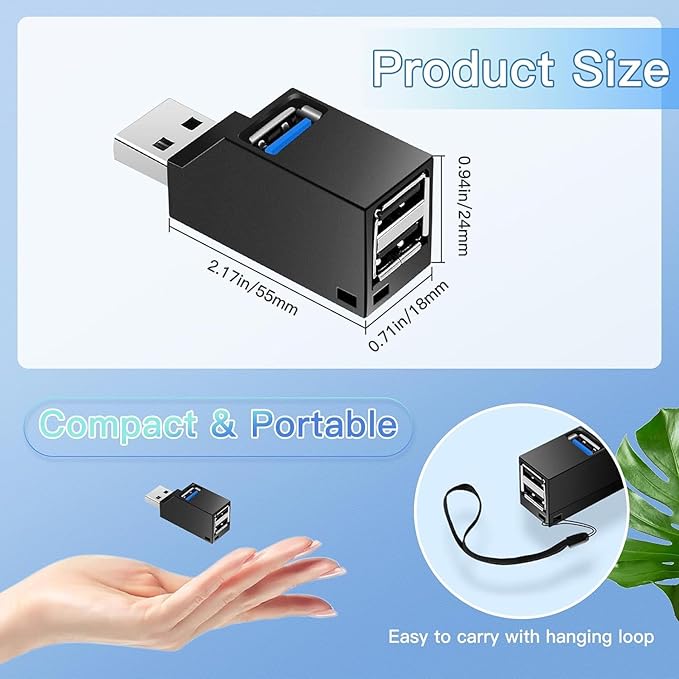 4-Port USB 3.0 Hub [90°/180° Rotatable], USB Splitter with 1 USB 3.0 Port, 2 USB 2.0 Ports, and 1 USB C Data Port, USB Extender for Laptops, Cars, Surface go, Mac, MacBook Air/Pro, and Other Devices