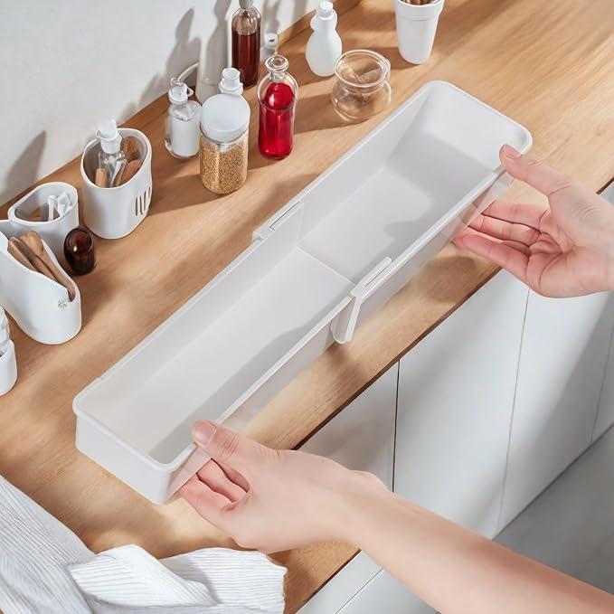 4 Pcs Expandable Drawer Organizers, Adjustable Drawer Dividers, Ideal for Kitchen, Bathroom, Office Utensil, Cutlery, and Office Supply Storage, White