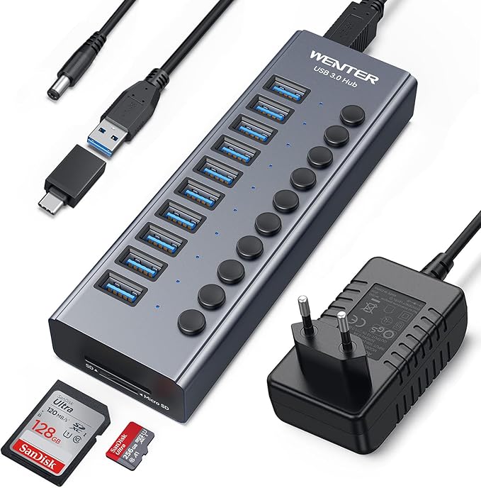 Powered USB 3.0 Hub, Wenter 10 Ports 36W Powered USB Hub, Aluminum USB Splitter with Individual On/Off Switches, SD/TF Card Readers and 12V/3A Power Adapter for PC/Laptops/MacBook Pro/Air/iMac/iPad