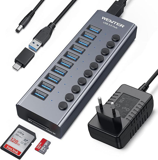 Powered USB 3.0 Hub, Wenter 10 Ports 36W Powered USB Hub, Aluminum USB Splitter with Individual On/Off Switches, SD/TF Card Readers and 12V/3A Power Adapter for PC/Laptops/MacBook Pro/Air/iMac/iPad
