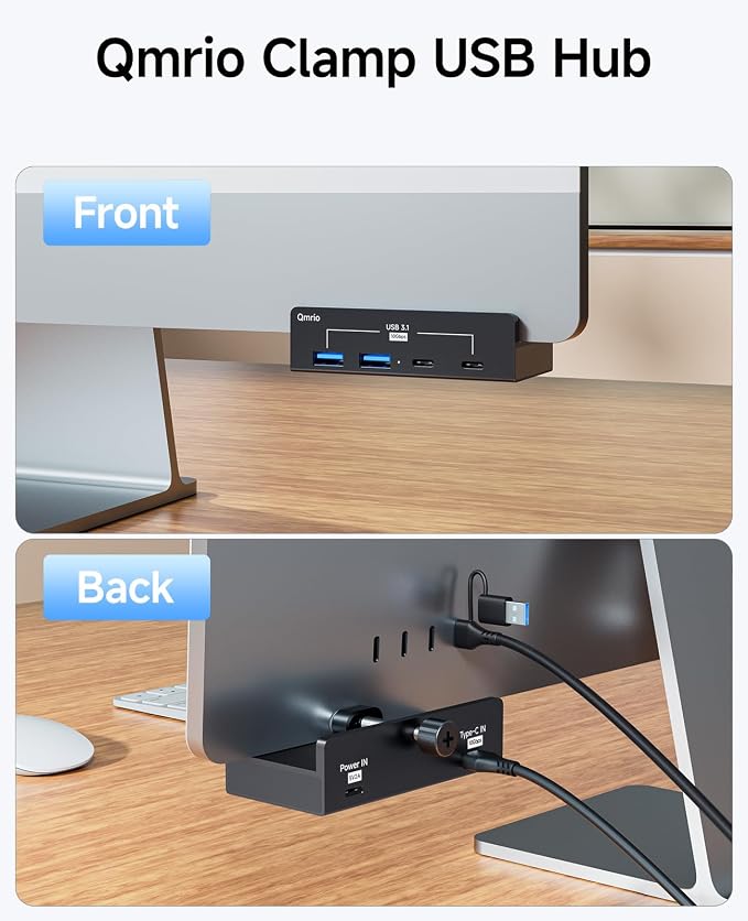 USB Hub 3.1, 10Gbps Clamp USB Hub with 2 USB-A Data Ports, 2 USB-C Port with Extra Power Supply Port (Black)