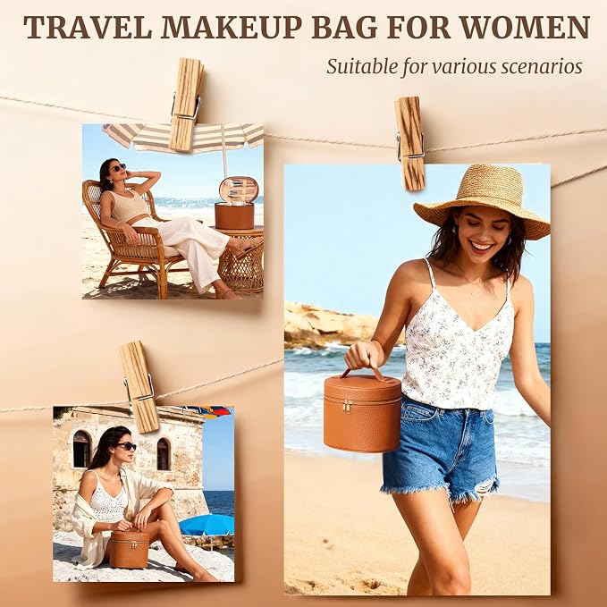 Makeup Bag Vanity Case for Women Leather Cosmetic Bag Makeup Organizer Case Portable Travel Toiletry Bag With Removable Compartments and Handle - Brown