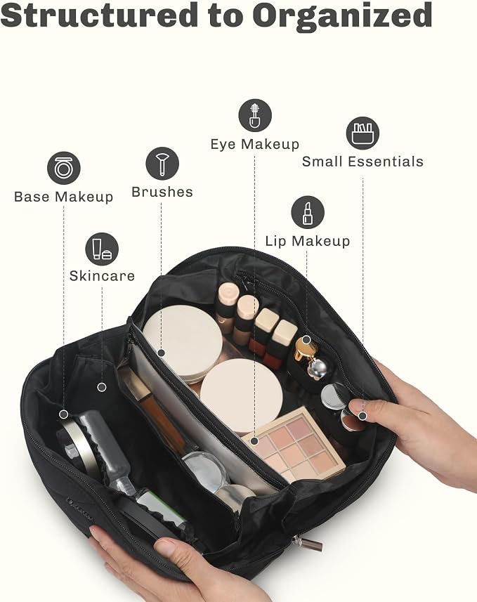 Hynes Eagle Travel Makeup Bag for Women Puffy Cosmetic Organizer Pouch Open Flat Toiletry Bag for Toiletries Brushes Structured Base Jet Black