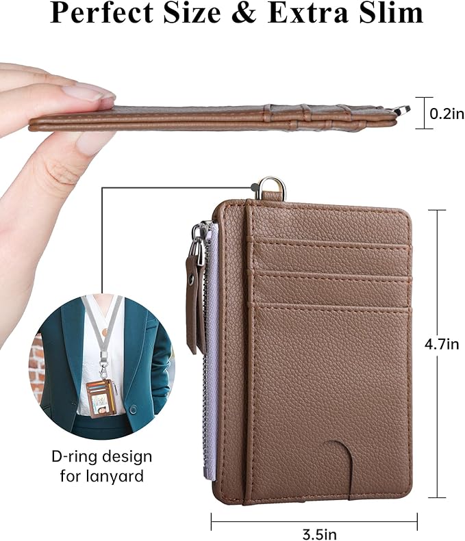 Teskyer Slim Card Holder Wallet with Zip Pocket, RFID Blocking, Total 9 Compartments Large Capacity, 3.5" x 4.7" (Slight Larger Than Usual), Faux Leather - Coffee