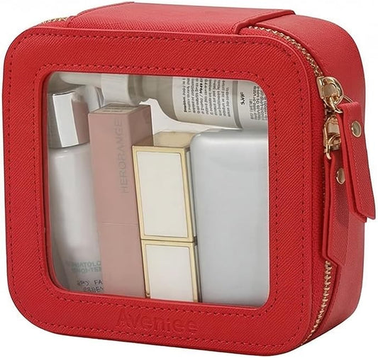 Aveniee Mini Clear Makeup Bag, Small Cosmetic Bags Travel Toiletry Pouch Organizer, TSA Approved Make up Case with Zipper, Car Bag for Essentials,Red