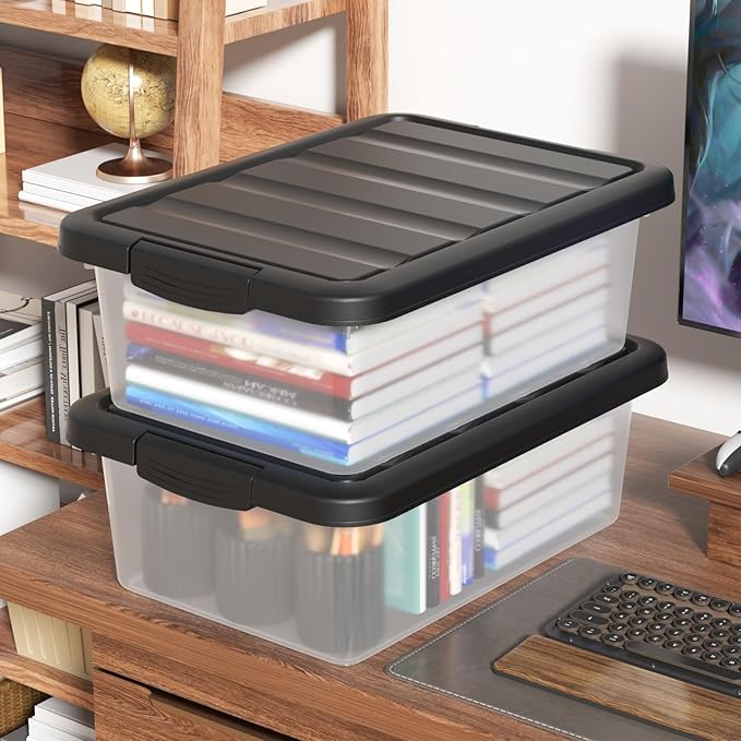 14 Quart Plastic Stackable Storage Bin, Basic Clear Storage Box with Black Lid (Pack of 2)