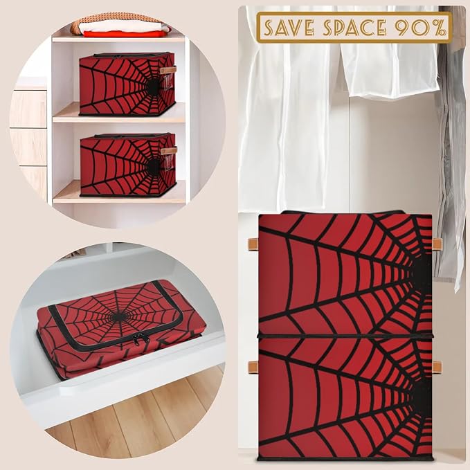 Red Web Storage Bins With Zipper Lid, Collapsible Trunk Organizer, Car Organizers and Storage Bins with Lids, Decorative Storage Boxes with Handle, Home Storage Baskets For Organizing