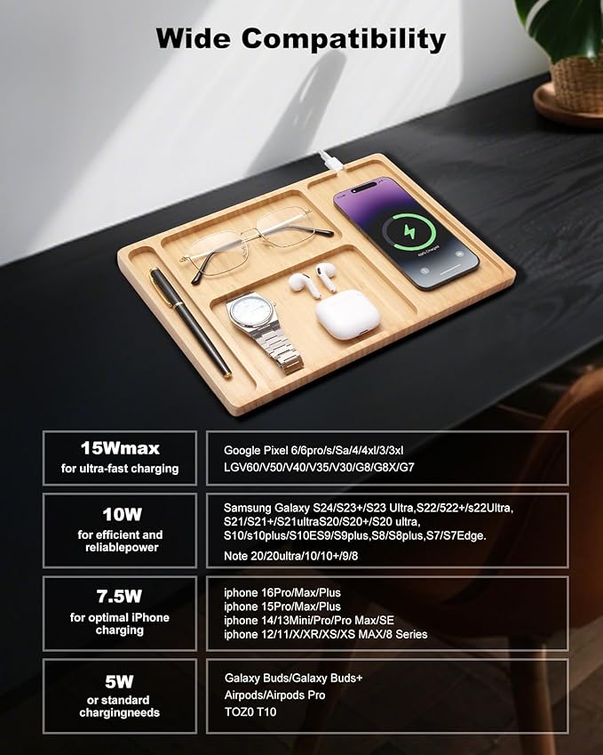 Valet Tray, Built-in Wireless Charger, Nightstand Organizer, Bamboo Desk Bedside Caddy Organizer Tray for Men, EDC Catchall Trays for Keys, Watch, Phone, Jewelry