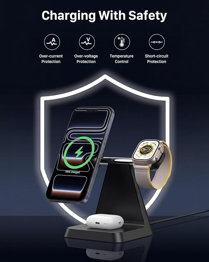 3-in-1 Magnetic Wireless MagSafe Charger Stand for Apple Devices | Charging Station for iPhone 12/13/14/15/16/17, Apple Watch & AirPods – Ideal for Nightstand, Desk, or Home Office