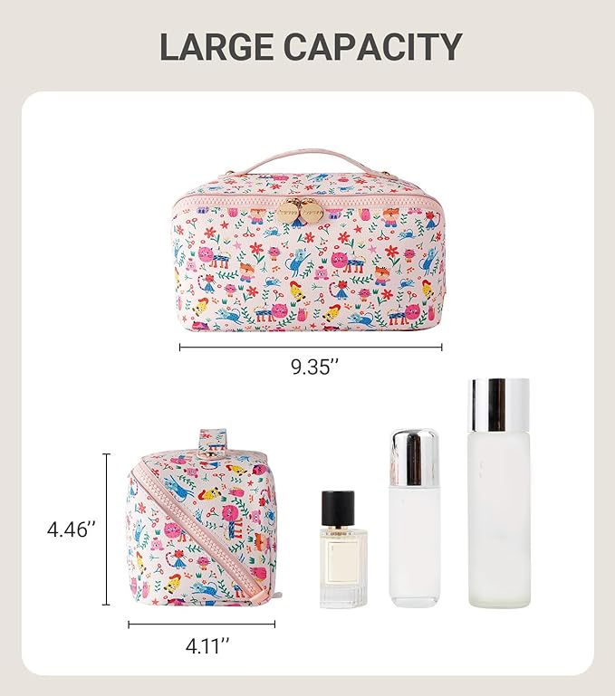 Aveniee Travel Makeup Bag for Women, Large Cosmetic Organizer with Open-Flat Design, Clear Divider & Handle - Waterproof PU Leather Toiletry Case, Cat Pattern