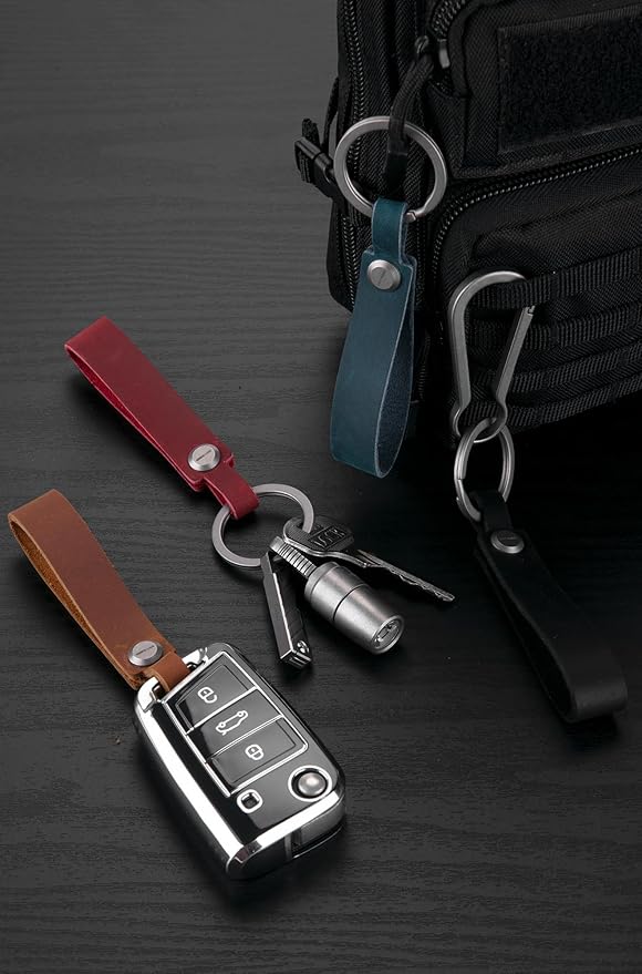 KEEPO LINK Leather Keychain Strap with Titanium Key Ring, Detachable Leather Key Chain Key Fob Holder for Men, OLM03 (Brown)