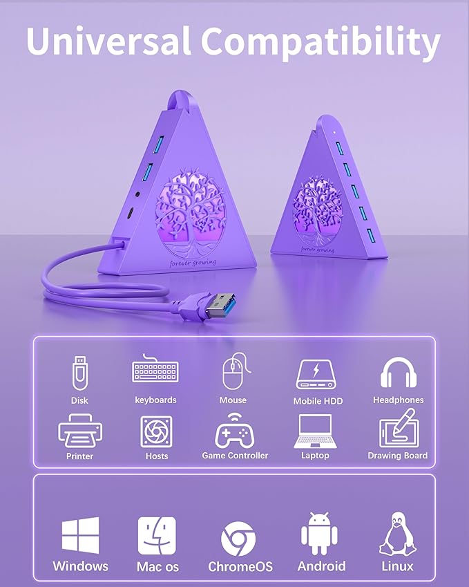 7-Port USB 3.0 Hub, Deep Purple Vertical USB Expander with Tree RGB Lighting, 5Gbps Data Transfer, 2FT Cable, Compatible with Laptop, Desktop, PS5, Xbox, Printer, Flash Drive, HDD