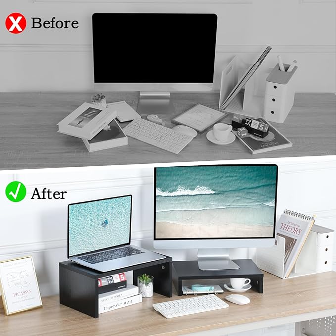 TEAMIX 2 Pack Black Monitor Stand Riser, Wood 2 Tier Adjustable Stand for 2 Monitors/Laptop/PC
