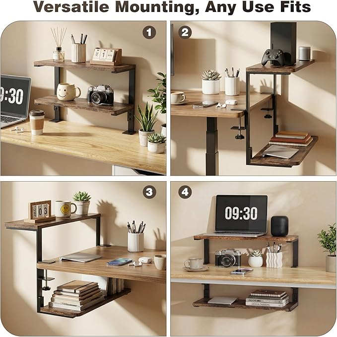2-Tier Desk Extender, 22-inch Clamp-On Desk Shelf, Height-Adjustable Desktop Shelf Organizer for Monitors Office and Gaming Accessories, Arm Support Table Extension, Dark Brown