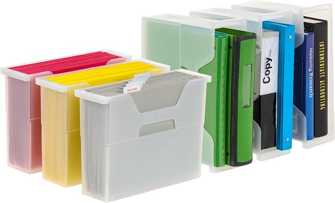 IRIS USA Small Portable Desktop File Box with Open Lid, 6 Pack, Side Handles, Hanging File Folders, Tabs & Inserts, Letter Size, Magazines, Newspapers, Mail, Books, Notebooks, Clear