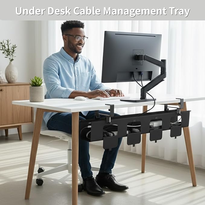 No Drill Under Desk Cable Management Tray, 47.5” Fabric Clamp Mount Cord Organizer for Table, Heavy Duty Wire Management for Office Home, Black
