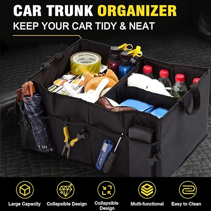 Car Trunk Organizer – Collapsible Multi Compartment Storage Box, Adjustable Automotive Storage Bin for SUV Sedan Truck