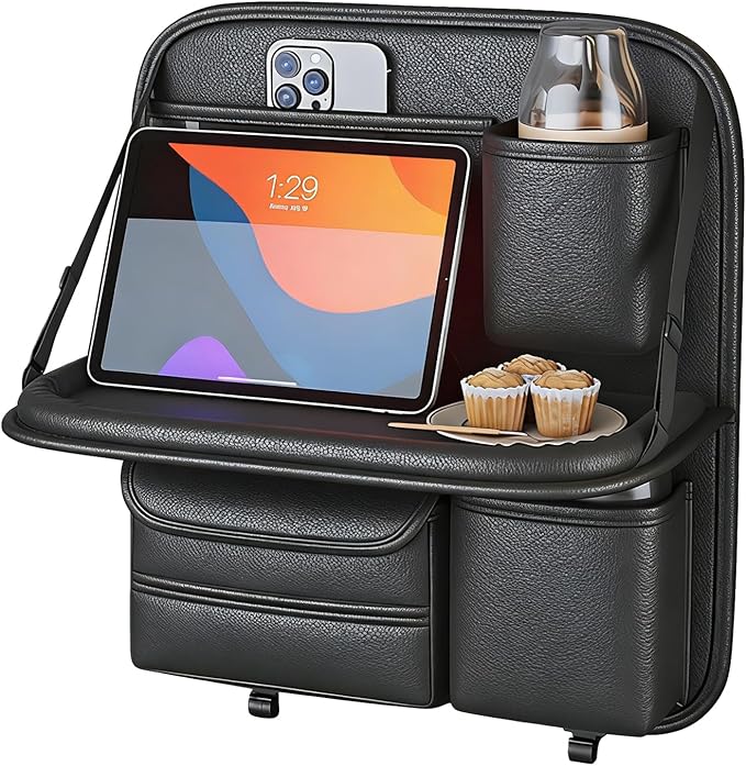 Car Seat Back Organizer with Foldable Tray, Car Seat Back Protector, Premium Leather Kick Mats, Multiple Storage Pockets, Travel Accessories for SUV Truck (Short)