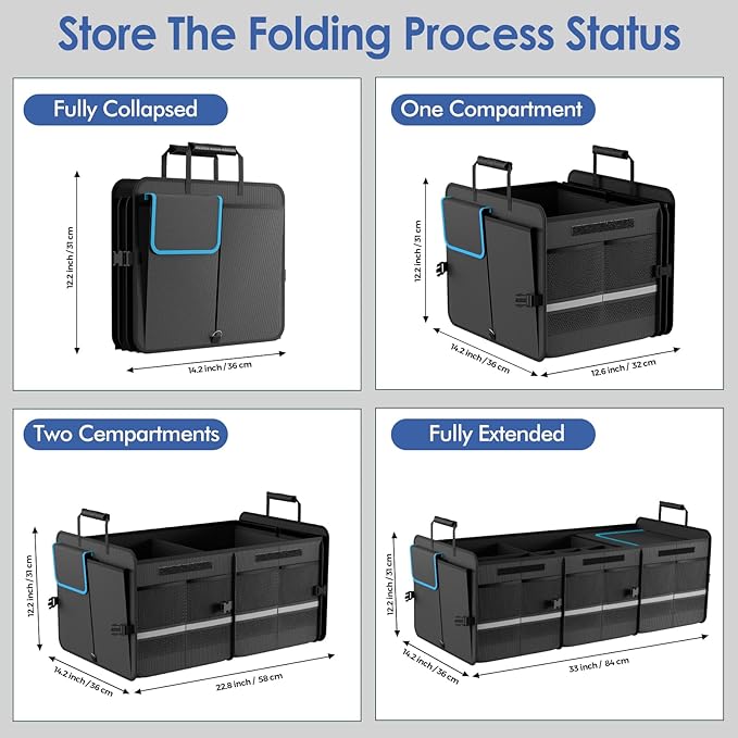 MEI&CO Car Trunk Organizer - 2.5mm PP Board Built, 35L Leakproof Cooler, 105L Capacity, 2 Tie-Down Straps, 4 Adjustable Dividers, Foldable Design for SUVs, Trucks, and Cars