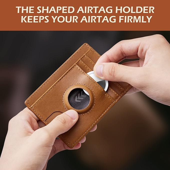 typecase Slim Minimalist Card Mens Wallet for AirTag, Front Pocket Premium Crazy Horse Leather Wallet with AirTag Holder, RFID Blocking Cash Credit Card Wallet Compatible with AirTag (Yellow)