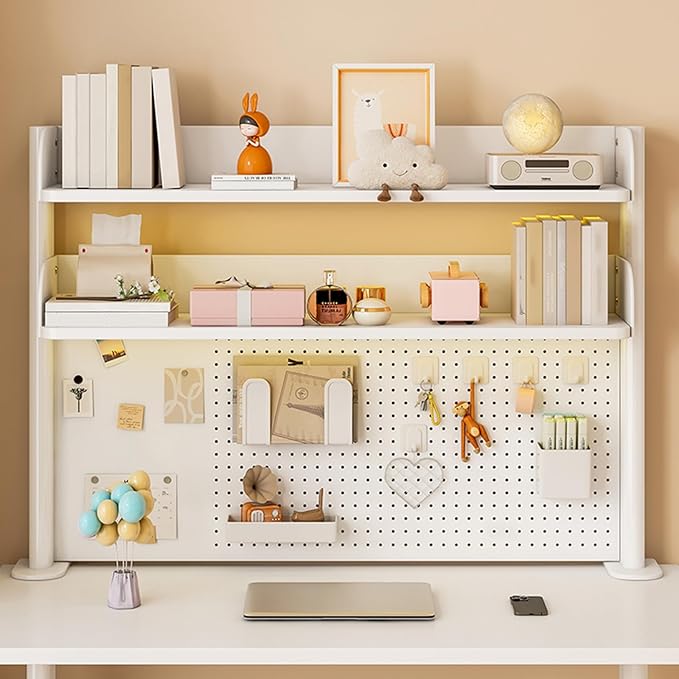 Clamp on Desk Shelf with Pegboard, Black Desktop Bookshelf Organizer Storage Shelves for Home Office Dorm Gaming Desk, Space Saving Tabletop Display Rack Organization (White, 31.4in)