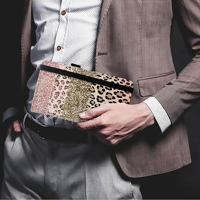 FUYOCWE Leather Checkbook Covers for Men Women Check book Holder Cover Wallets for Personal Checkbook Duplicate Checks with RFID Blocking & Elastic Strap-Pink Gold Leopard print