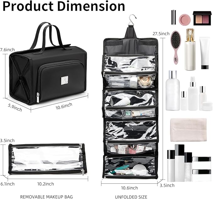 ROYALFAIR Roll Up Makeup Bag, Waterproof Toiletry Bag for Women, Hanging Travel Organizer bags with Jewelry Organizer Compartment, Extra Large 4 Clear TSA Approved Pouches Cosmetic Makeup (black)