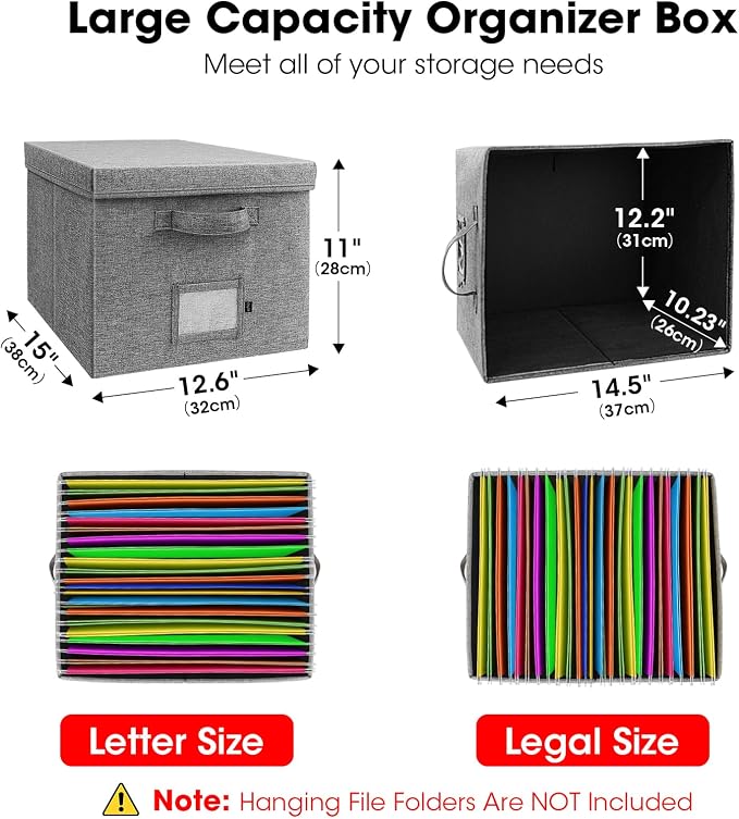 File Organizer Boxes with Lid, Linen Hanging File Storage Boxes with Handle, Collapsible Document Filling Boxes for Letter/Legal Folder, Portable File Box for Office/Decor/Home (4 Pack, Gery)