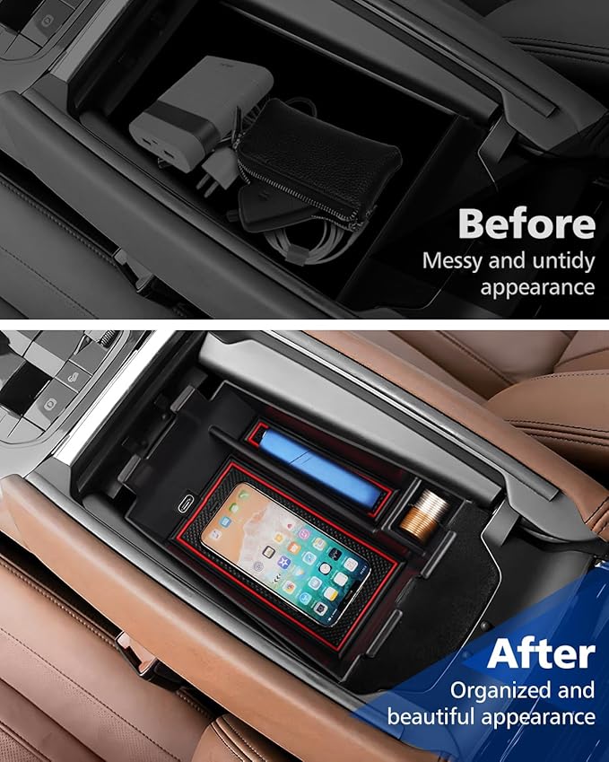 FIILINES Center Console Organizer for BMW X5 X7 2019-2024 / BMW X6 2020-2024, Center Console Tray Secondary Armrest Storage Box ABS Insert Container with Anti-Slip Mats