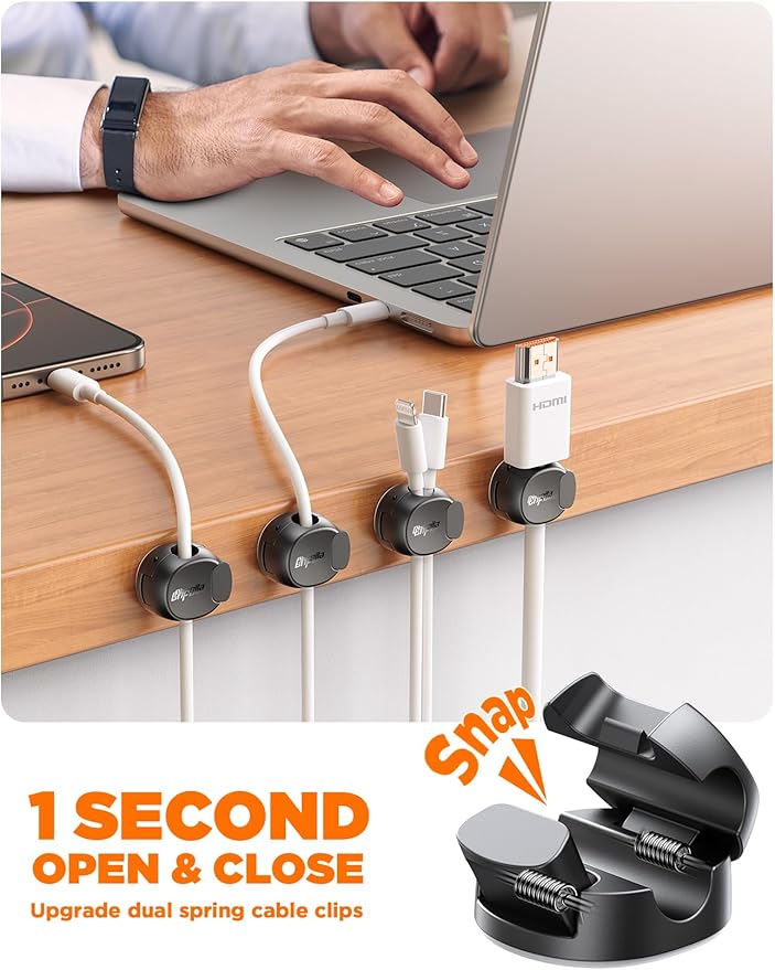16Pack Cord Organizer [Dual Spring & Clasp, Max Secure] Cable Clips - Chfeila Cord Holder, Desk Cable Management, Adhesive Phone Charging Wire Holder for Nightstand/Car/Wall, Office Accessory - Black