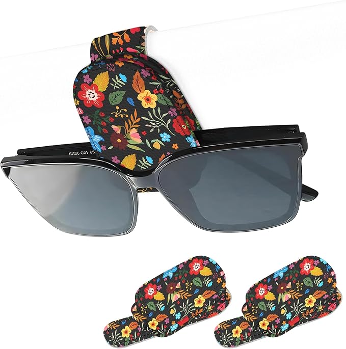 2 Pack Magnetic Leather Sunglass Holder, Universal Magnetic Car Eyeglass Hanger Clip for Different Size Eyeglasses, Car Visor Accessories (Black Floral)