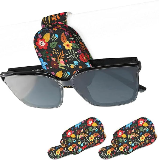 2 Pack Magnetic Leather Sunglass Holder, Universal Magnetic Car Eyeglass Hanger Clip for Different Size Eyeglasses, Car Visor Accessories (Black Floral)