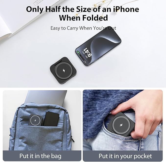 KU XIU Fast Wireless Charger, Magnetic Foldable 3 in 1 Charging Station for iPhone 17/16/15/14/13/12/Pro/Plus/Pro Max, 5W Portable Charger for Apple Watch10/9/8/7/6/5/4/3/SE, for Airpods3/2/Pro-Black