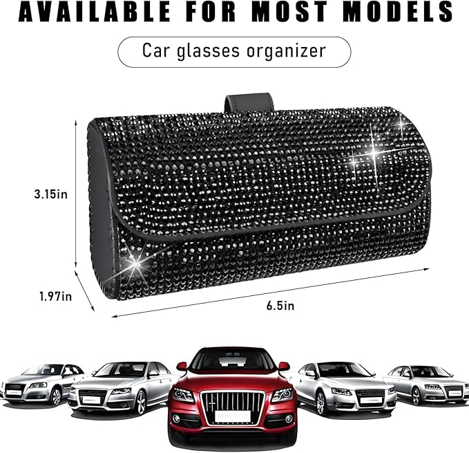 Ohleats Bling Sunglasses Holder for Sun Visor, Sparkling Glasses Sun Visor Organizer Case with Hidden Magnetic Closure, Auto Visor Crystal Eyeglasses Storage Case, Car Accessories (Bling Black)