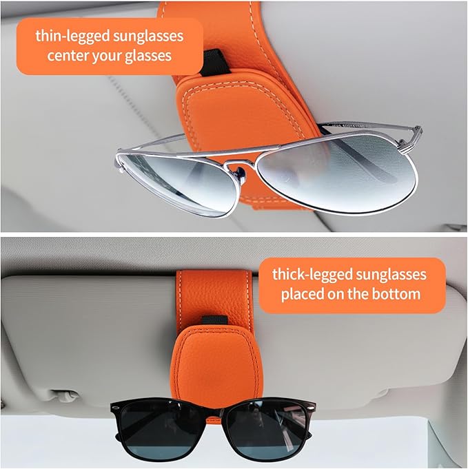 Visor Sunglasses Holder Clip for Car, Magnetic Leather Clip for Car Visor, Universal Glasses Organizer 2 Pack, Orange