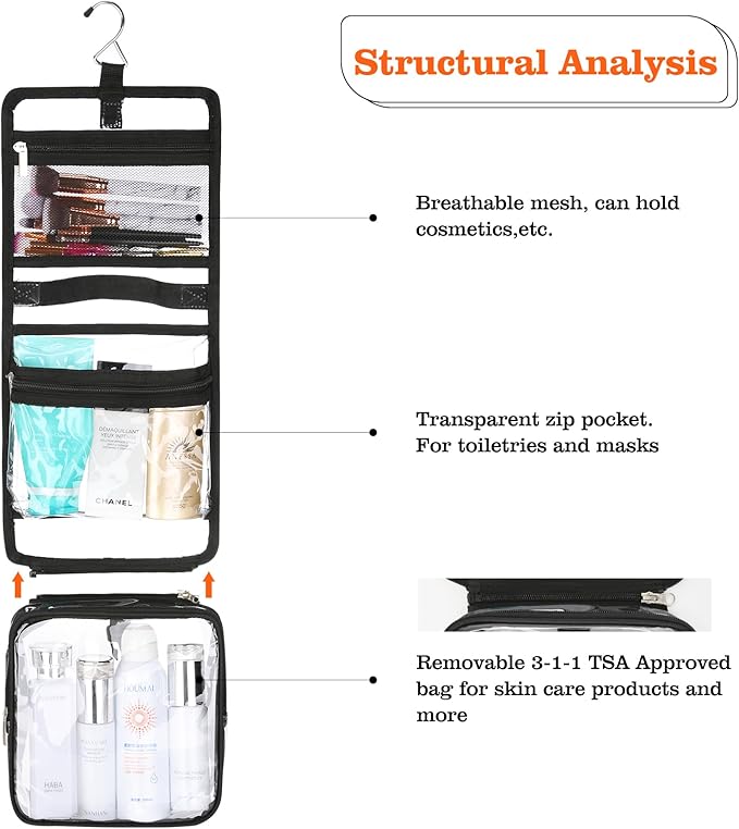 Clear Toiletry Bag with TSA Liquids Travel Bag, Hanging Travel Transparent Makeup Cosmetic Organizer, Waterproof Carry On Airline 3-1-1 Compliant Bag Quart Sized Luggage Pouch (Black-Clear)