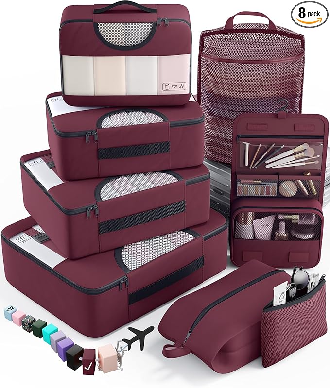 Veken 8 Set Packing Cubes for Travel Essentials, Gifts for women, Suitcase Organizer Bags in 4 Sizes, Carry-On Luggage Accessories with Large Laundry & Hanging Toiletry Bag, Must-Have for Airplane