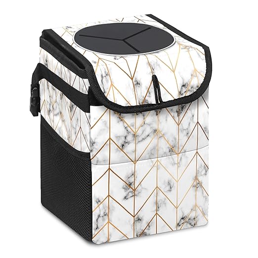 Geometric Line Arrow Pattern Auto Garbage Can with Lid, Leak-Proof Car Storage Bag, Hanging for Headrest, Collapsible and Portable, Mesh Pocket