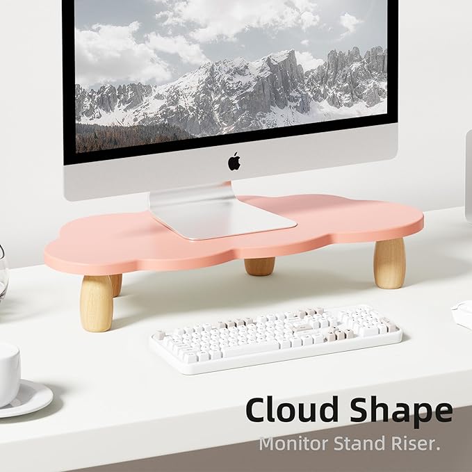 AFOOYO Monitor Stand Riser,Cloud Shape Wood Computer Monitor Stand, 16.5IN Monitor Stand Riser, Multi-Purpose Desktop Organizer Riser for Computer,Laptop,Printer,TV,Pink