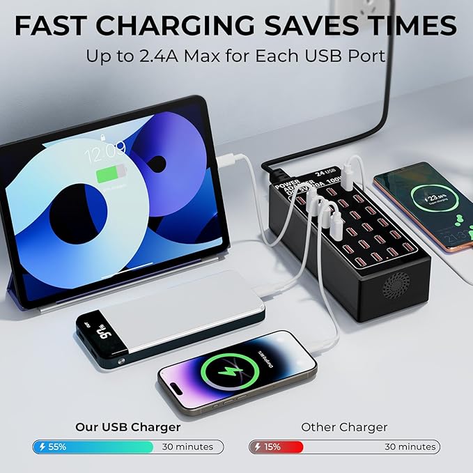USB Charging Station, 100W/20A 24 Port Desktop Multiple Device Charger Station, Multi Ports Fast Phone Charging Station Organizer, Suitable for School Mall Shop Hotel