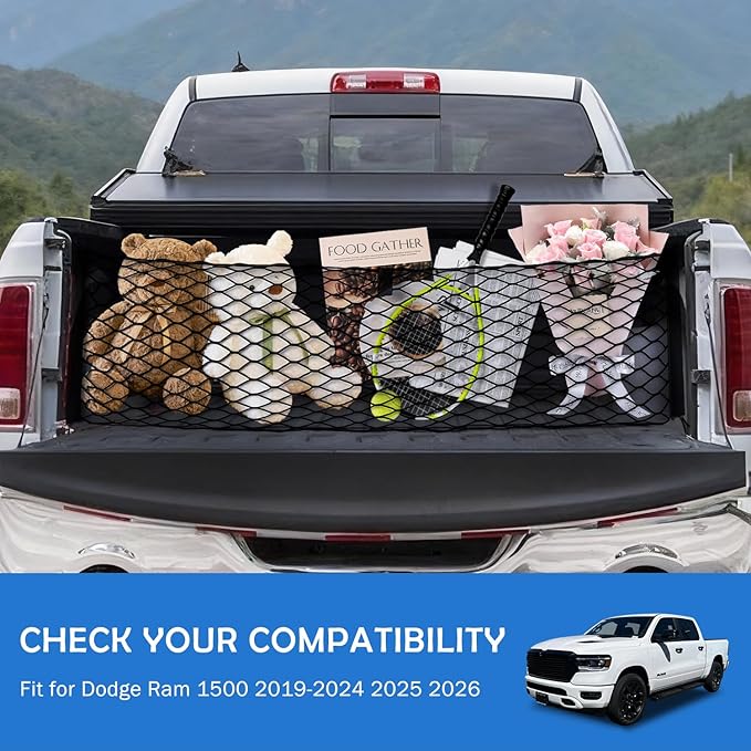 Envelope Style Truck Bed Cargo Net for Dodge Ram 1500 2019-2026 Accessories, Rear Trunk Mesh Cargo Net, Upgraded 5mm Bungee & Double-layer Nylon Storage Tailgate Netting Grocery&Tools Holder Organizer