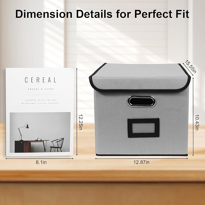 File Storage Box with Lid, 15.55x12.87x10.43 Inches, Foldable Organizer with Handles & Label Slot, for File Storage, Home, Office, and Closet Organization(4 Packs, Grey)